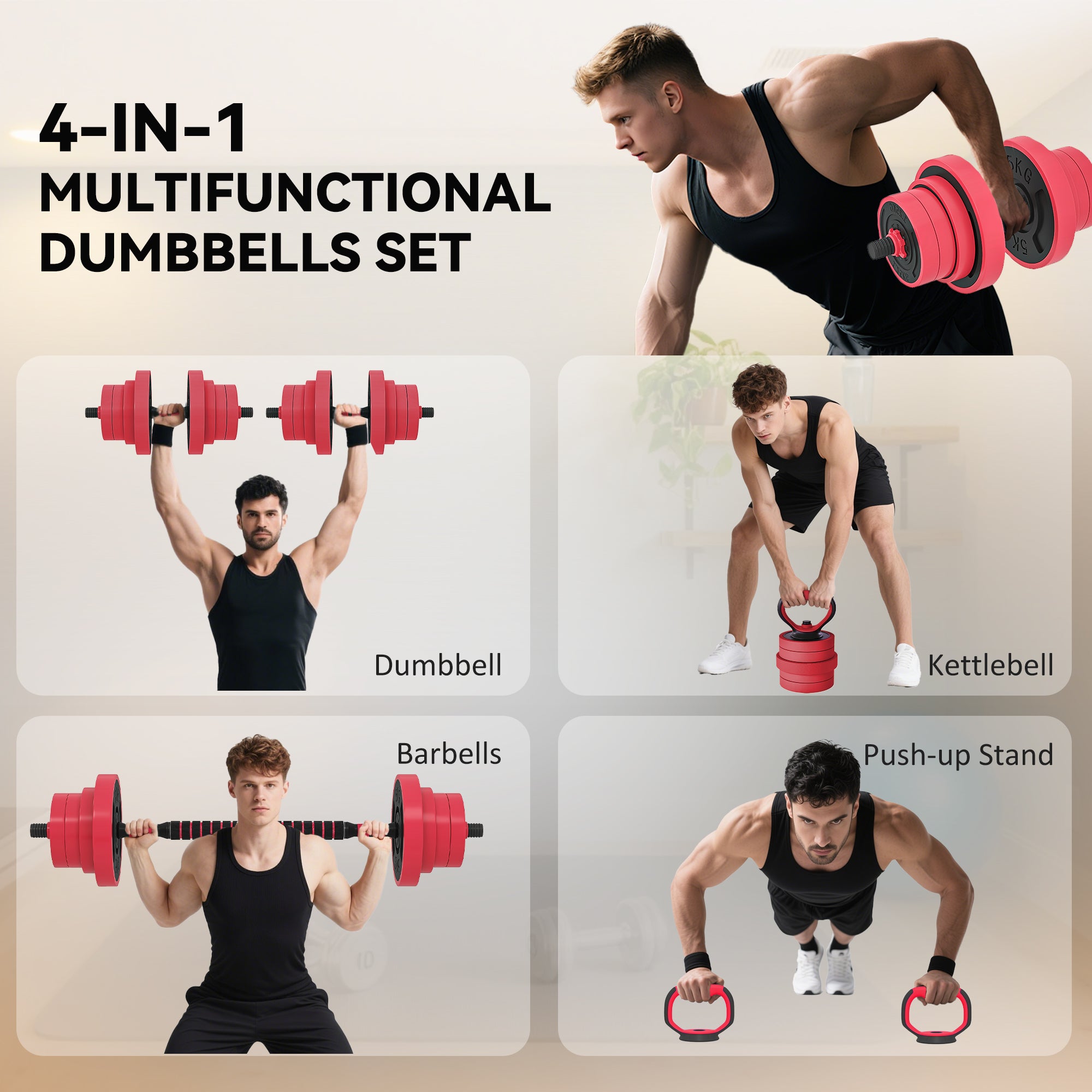 Soozier 66lbs 4-in-1 Adjustable Weight Dumbbell Set, Barbell, Kettlebell, Push Up Stand, Red