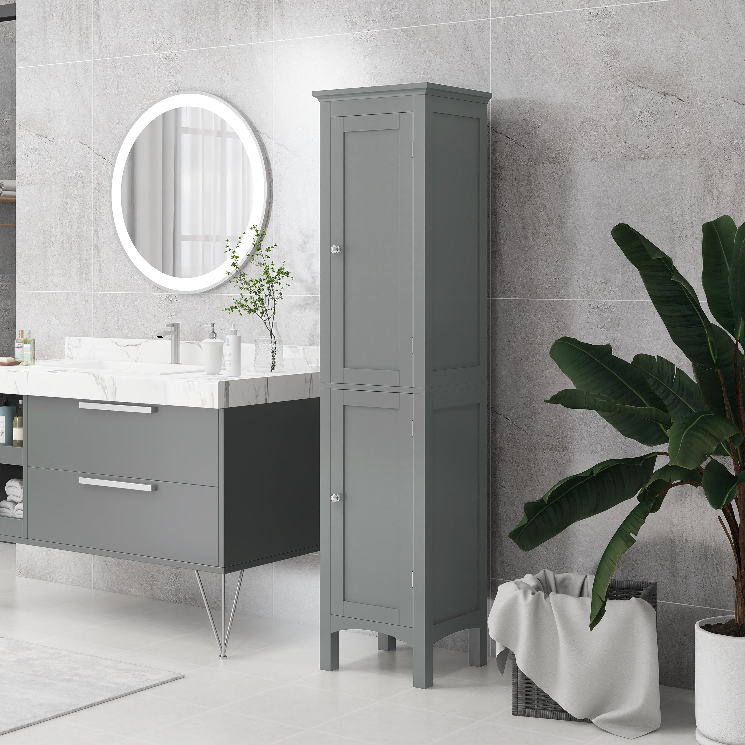 Tall Bathroom Cabinet, Freestanding Storage Organizer with Adjustable Shelves and Cupboards, 15" x 13" x 63", White