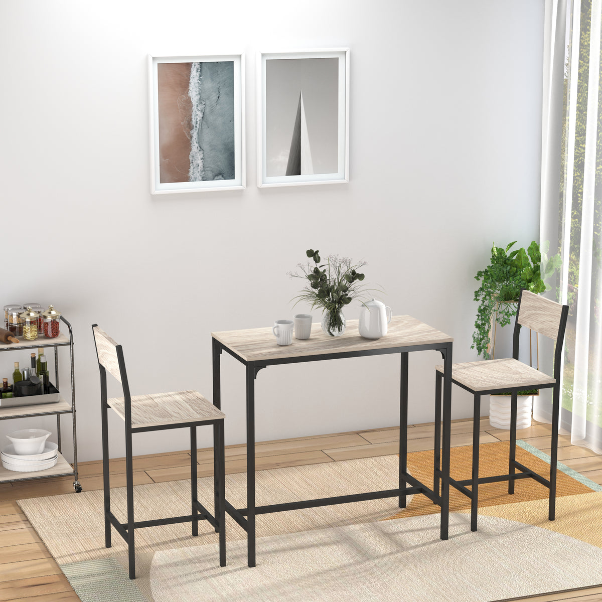 Industrial Bar Table Set Counter Height 3 Piece and 2 High Back Stools Set Dining Table Set Natural Wood