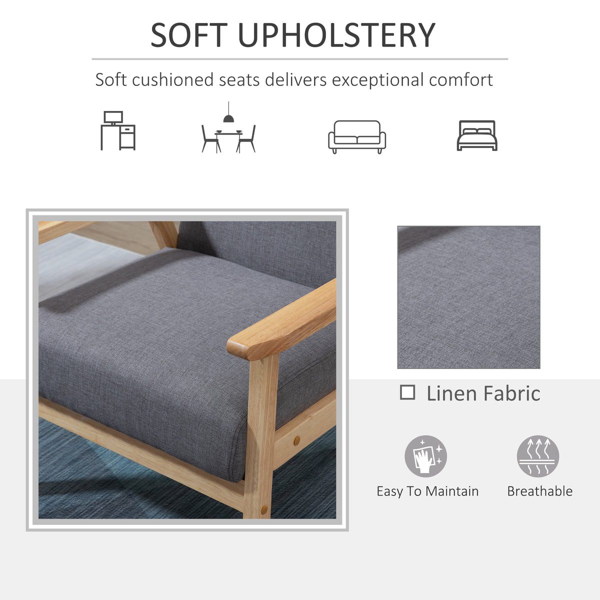Minimalistic Accent Chairs Wood Frame w/ Thick Linen Cushions Wide Seat Armchair for Bedroom Office, Grey