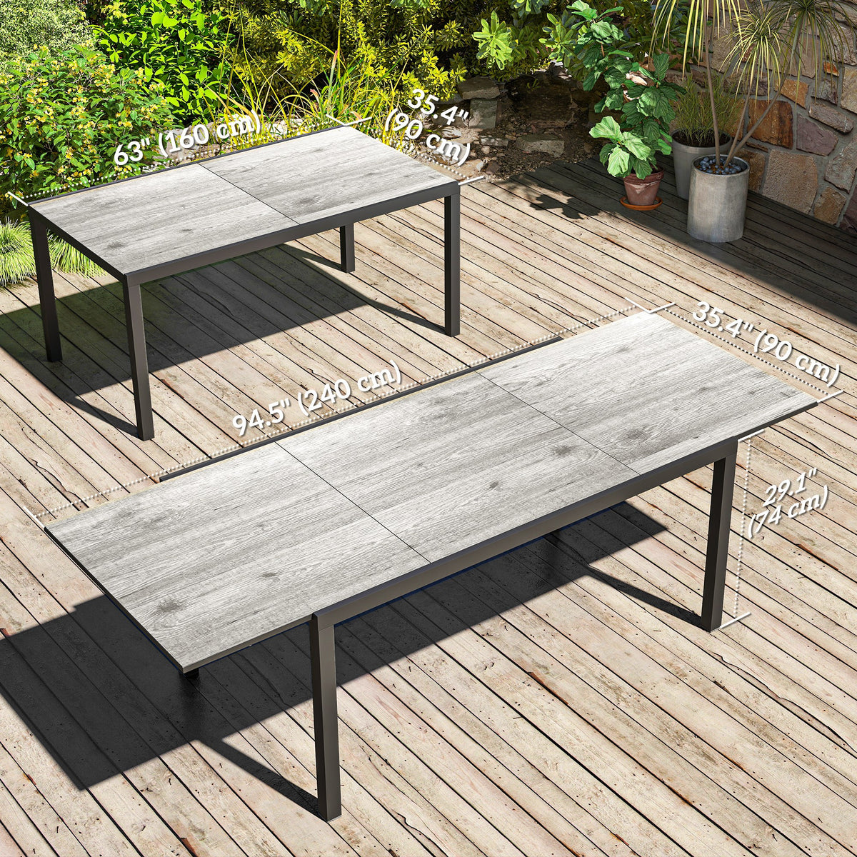 63"-94.5" Extendable Patio Dining Table for 6-8 Person, Outdoor Dining Table with Aluminium Edging, Steel Frame, Brown
