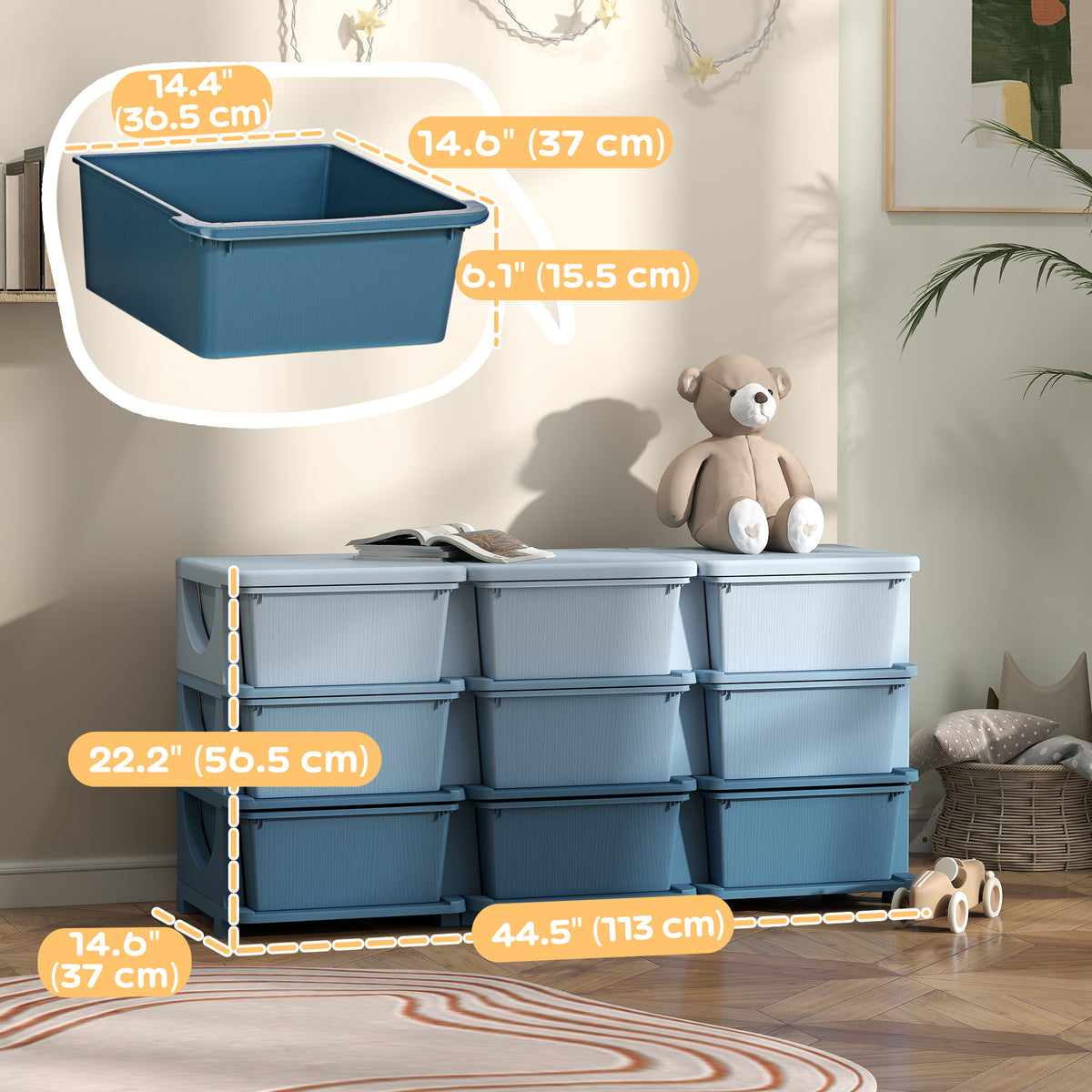 Qaba 3 Tier Kids Toy Organizer and Storage Bins with 9 Plastic Drawers, Blue