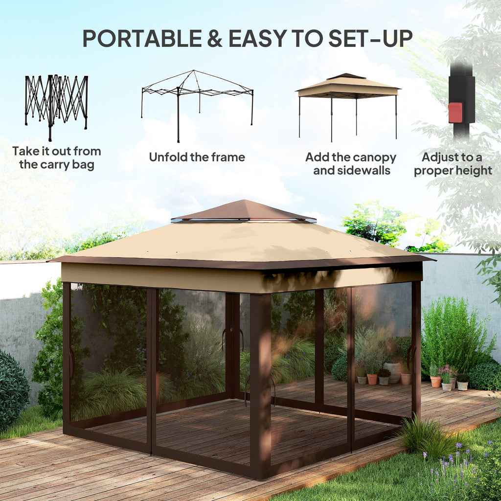 10.7 x 10.7ft Pop Up Gazebo, Adjustable Instant Sun Shelter with UV30+ Roof Cover, Removable Mesh Curtains, Beige