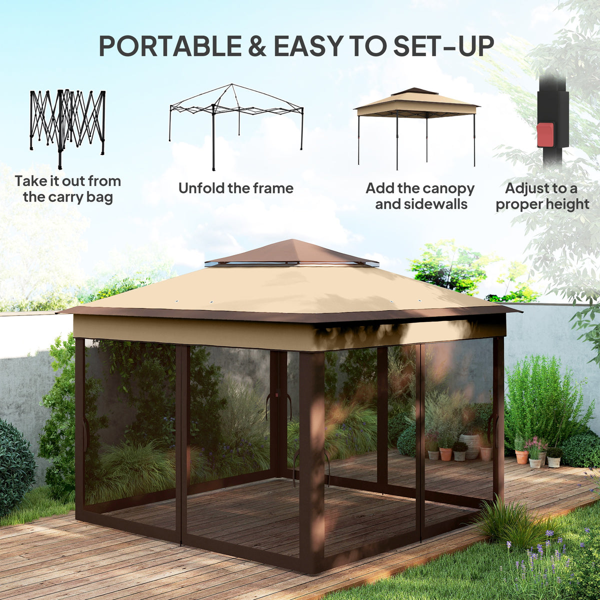 10.7 x 10.7ft Pop Up Gazebo, Adjustable Instant Sun Shelter with UV30+ Roof Cover, Removable Mesh Curtains, Beige
