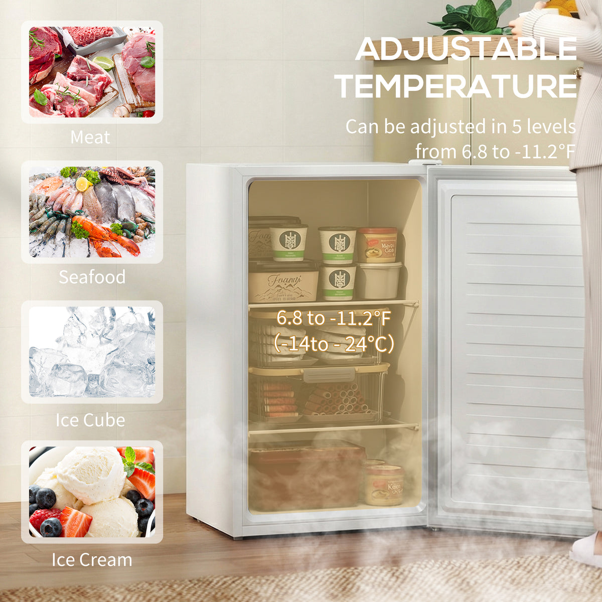 1.1 Cu. Ft. Mini Freezer, Compact Upright Freezer with Reversible Door, Removable Shelf, Adjustable Temperature, White
