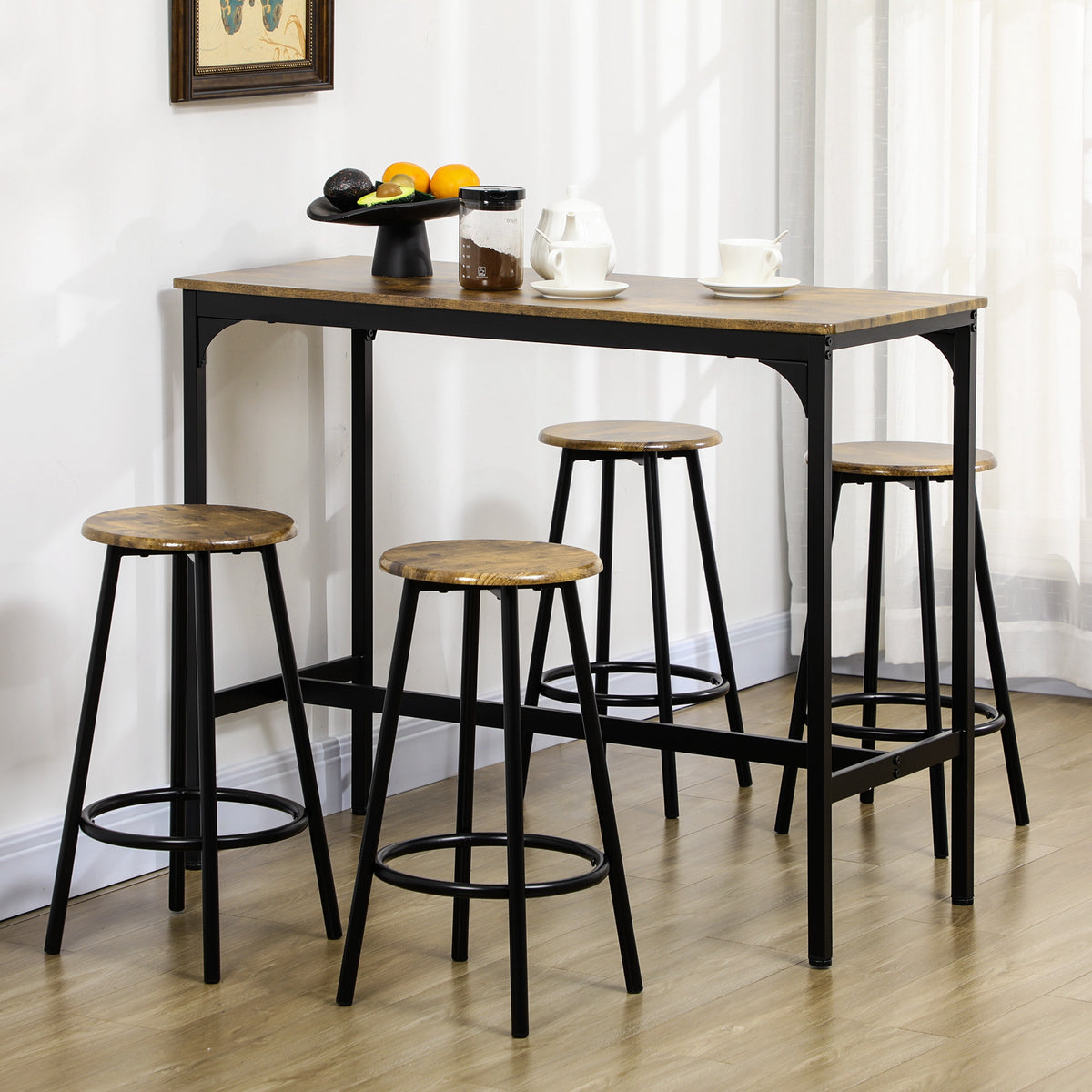 5-Piece Bar Table Set for 4, Industrial Counter Height Bar Table and Chairs for Kitchen, Dining Room, Rustic Brown