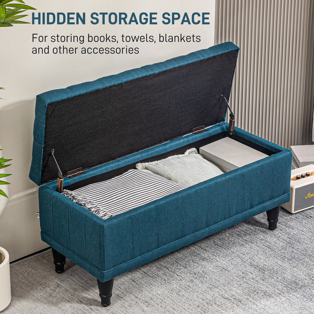 Storage Ottoman, Linen Fabric End of Bed Bench with Button Tufted Storage Bench for Bedroom, Blue