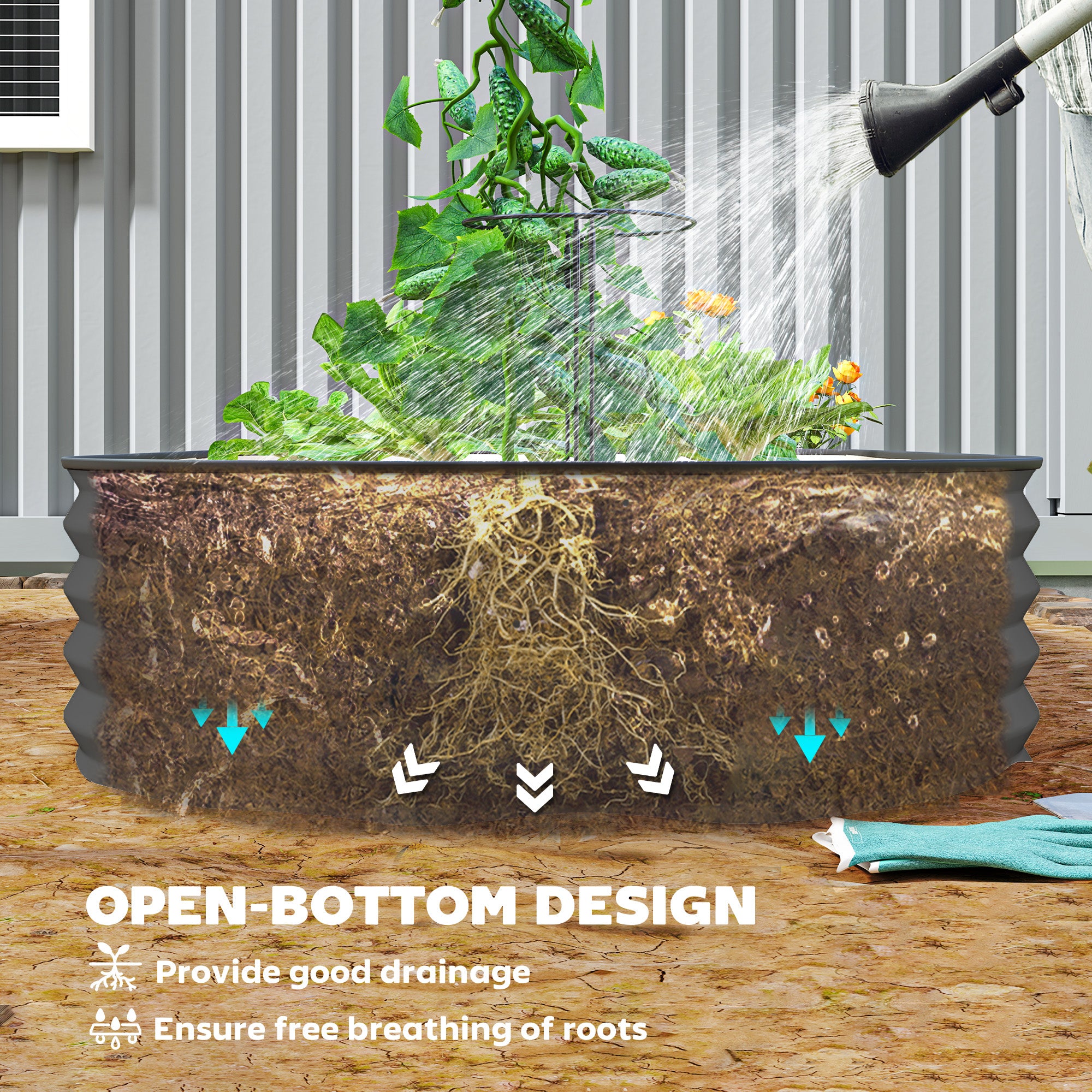 صندوق زراعة خارجي كبير 6' × 3' × 1'، حوض حديقة مرتفع مجلفن مع وتد نبات معدني، رمادي داكن