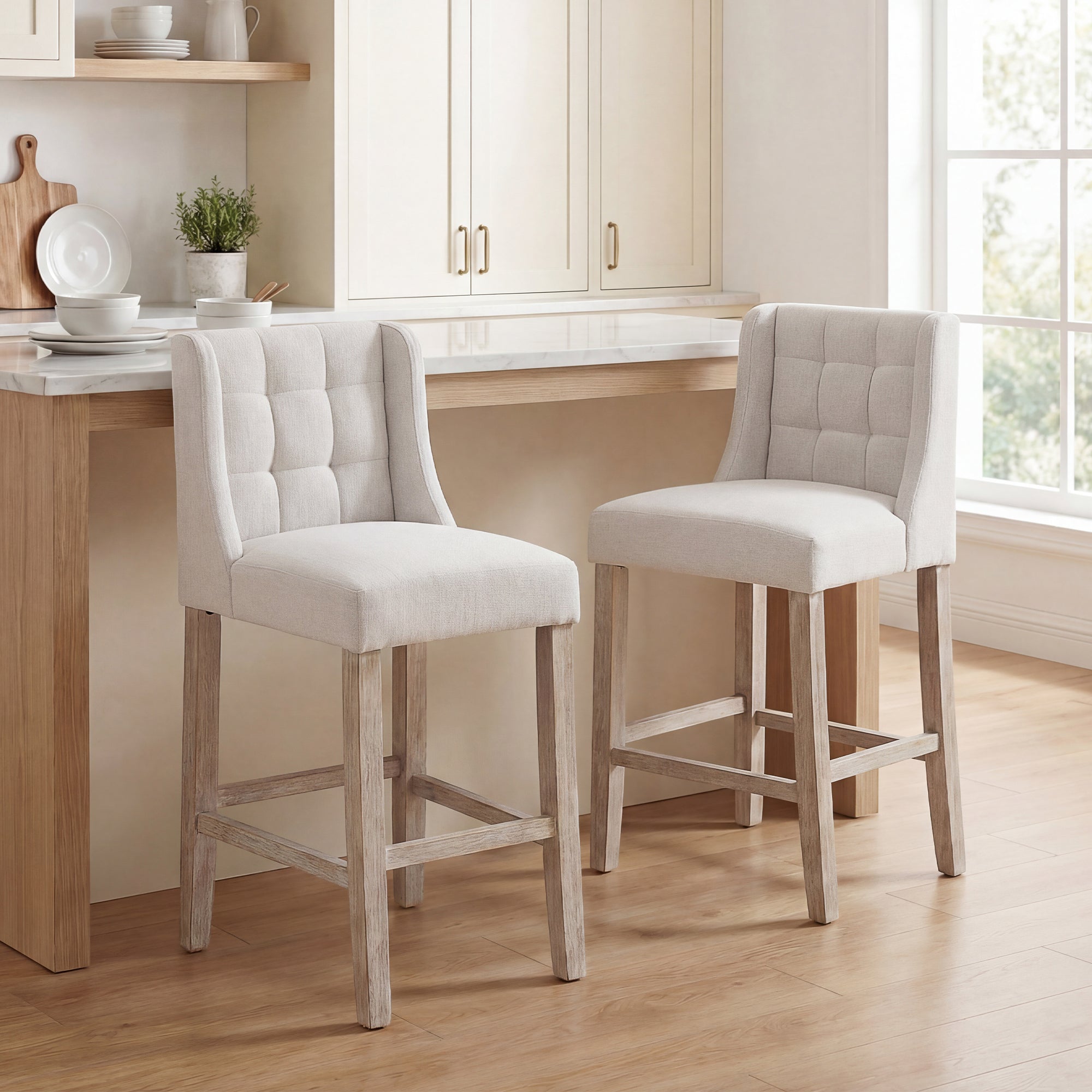 Modern Counter Bar Stools Tufted Upholstered Counter Chairs Set of 2 for Kitchen, Beige