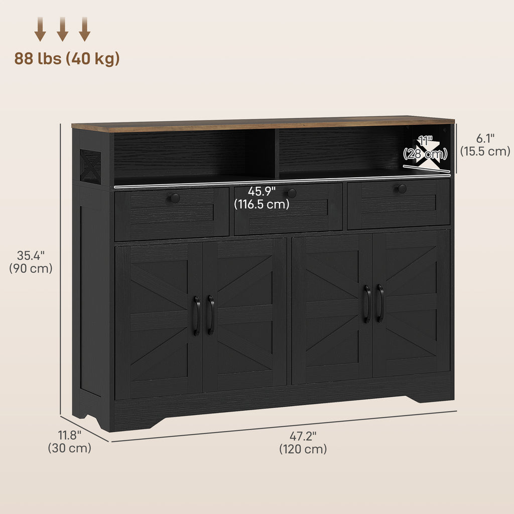Sideboard, Buffet Cabinet with 4 Barn Doors and 3 Drawers, Coffee Bar Cabinet with Adjustable Shelves, Black