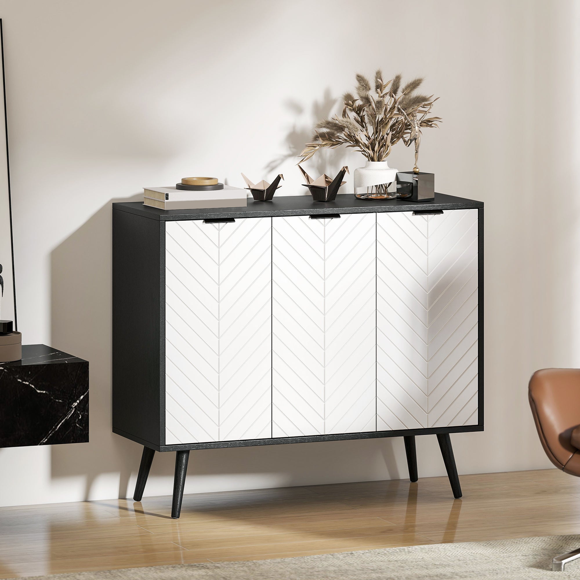 Modern Sideboard and Buffet, Dining Room Cabinet with Adjustable Shelves and 4 Doors, Black