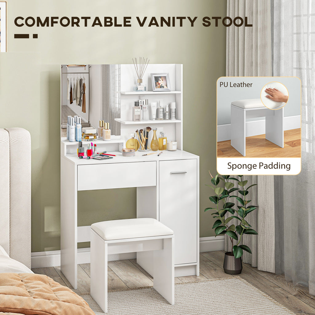 Vanity Set with Mirror and Stool, Makeup Vanity Table with Storage Drawer, Cabinet, Adjustable Shelf for Bedroom, White