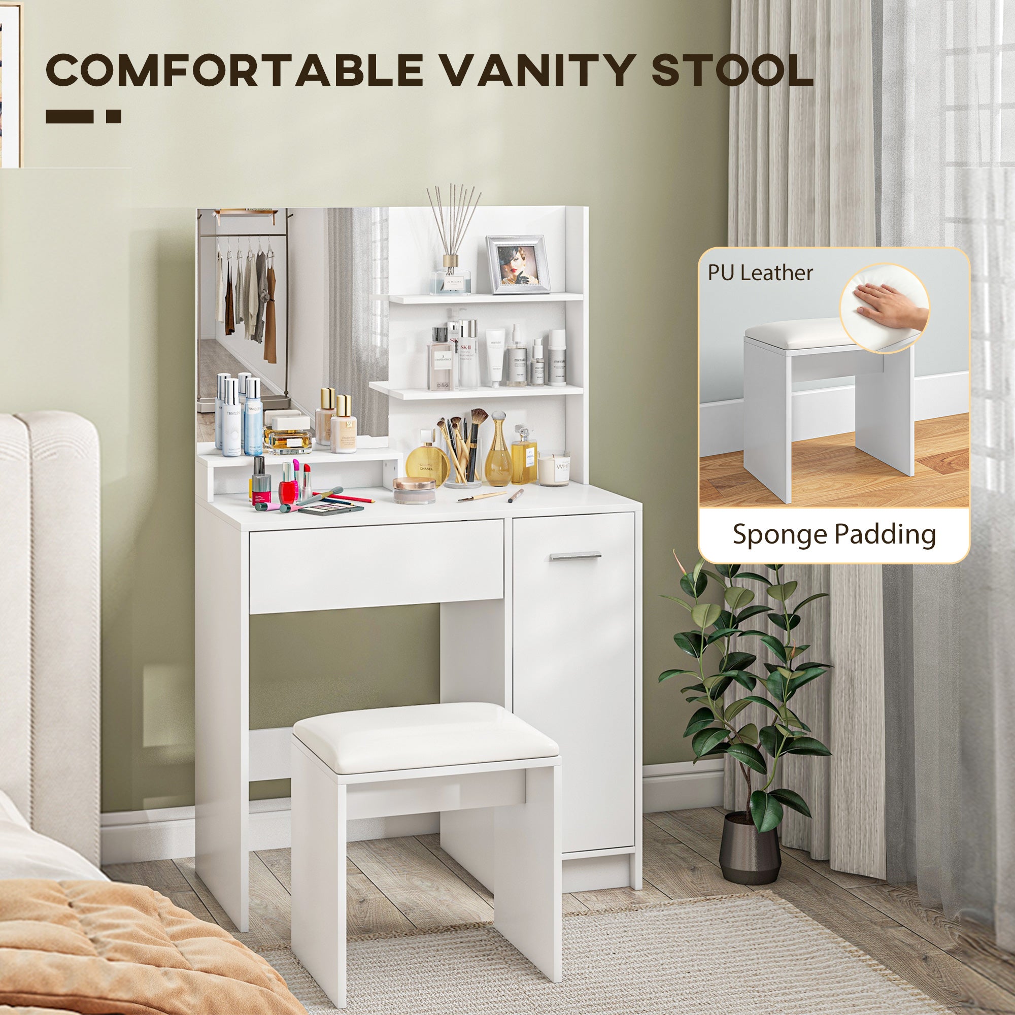 Vanity Set with Mirror and Stool, Makeup Vanity Table with Storage Drawer, Cabinet, Adjustable Shelf for Bedroom, White