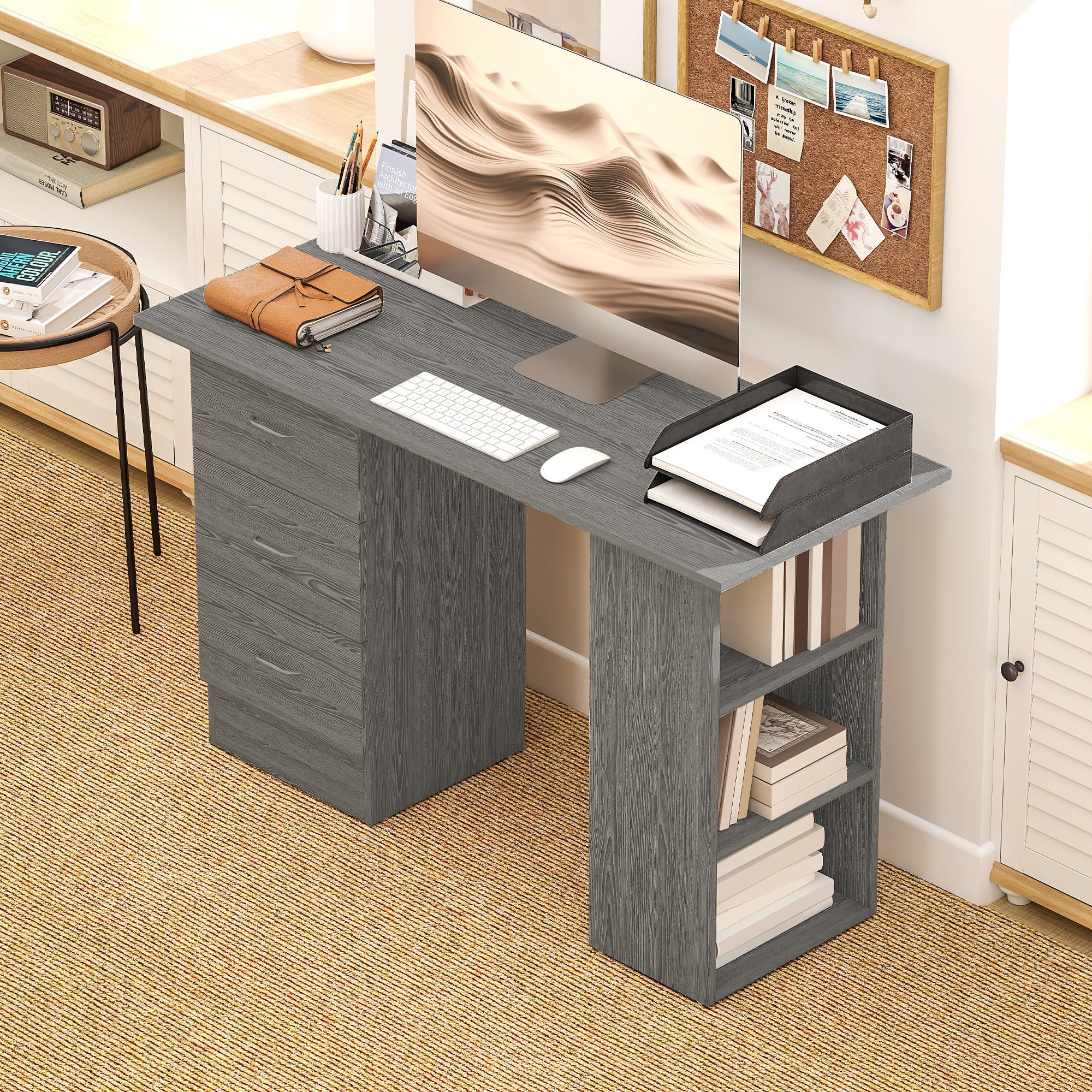 Computer Desk, 47" Writing Table with 3-Tier Shelves and 3 Reversible Drawers for Home Office, Bedroom, White