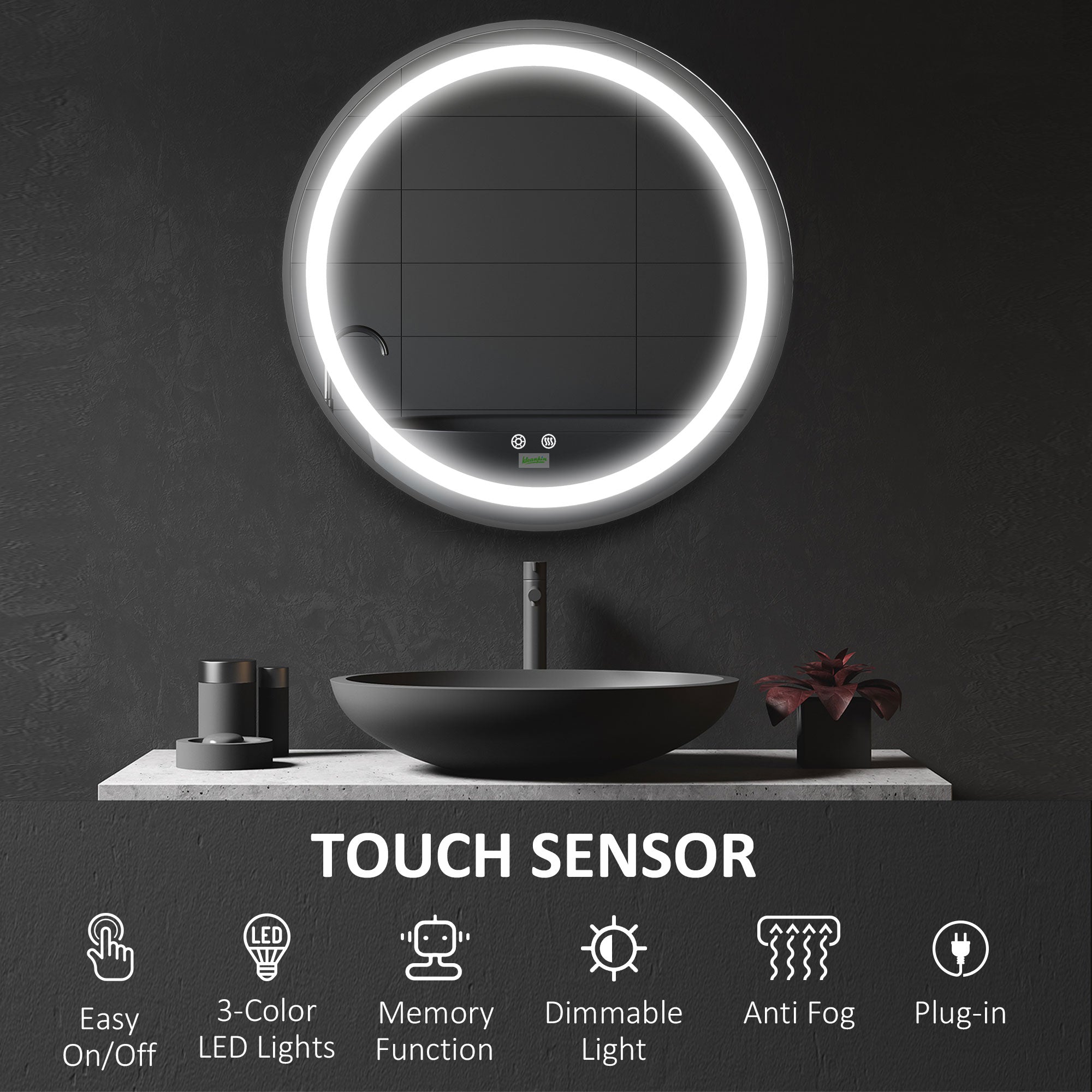 LED Bathroom Mirror for Vanity, Dimmable Lighted Anti Fog Wall Mirror with 3 Temperature Colors, Plug-in, 24 Inch