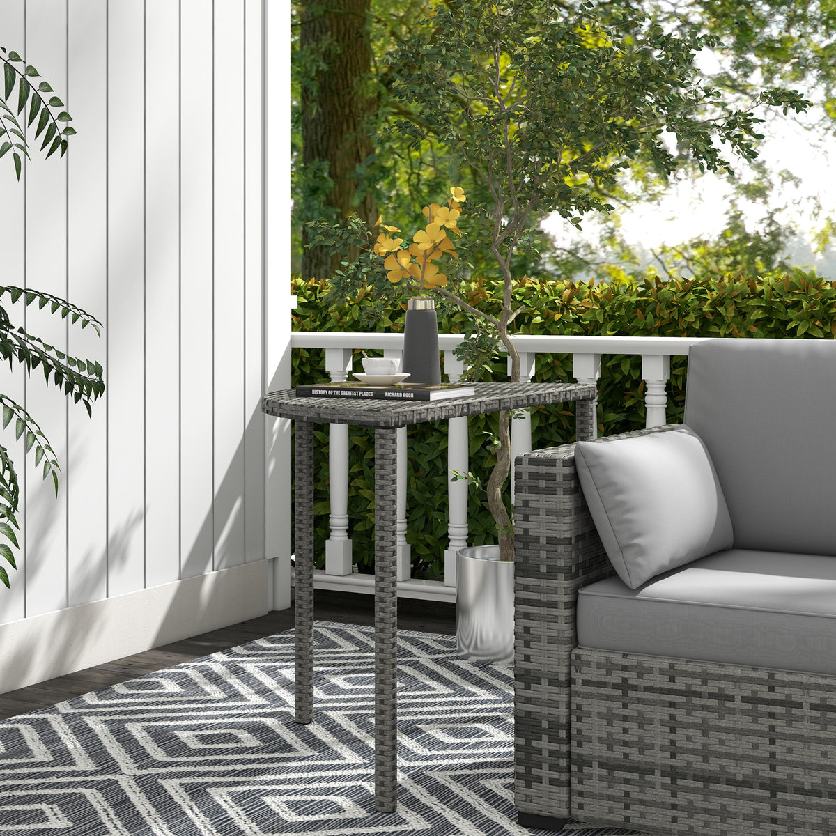 Half Round Side Table, PE Rattan Coffee Table with Metal Frame for Patio, Garden, Balcony, Black