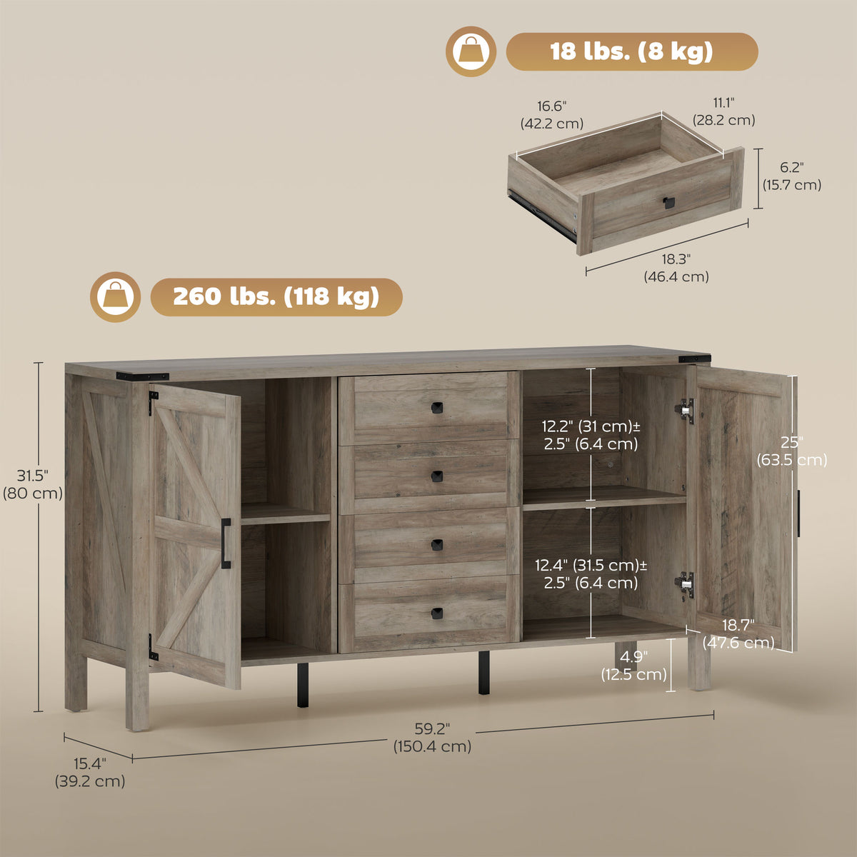 30" Buffet Cabinet, Farmhouse Sideboard with 1.2" Thick Top, 2 Barn Doors, Drawer and Adjustable Shelf, White