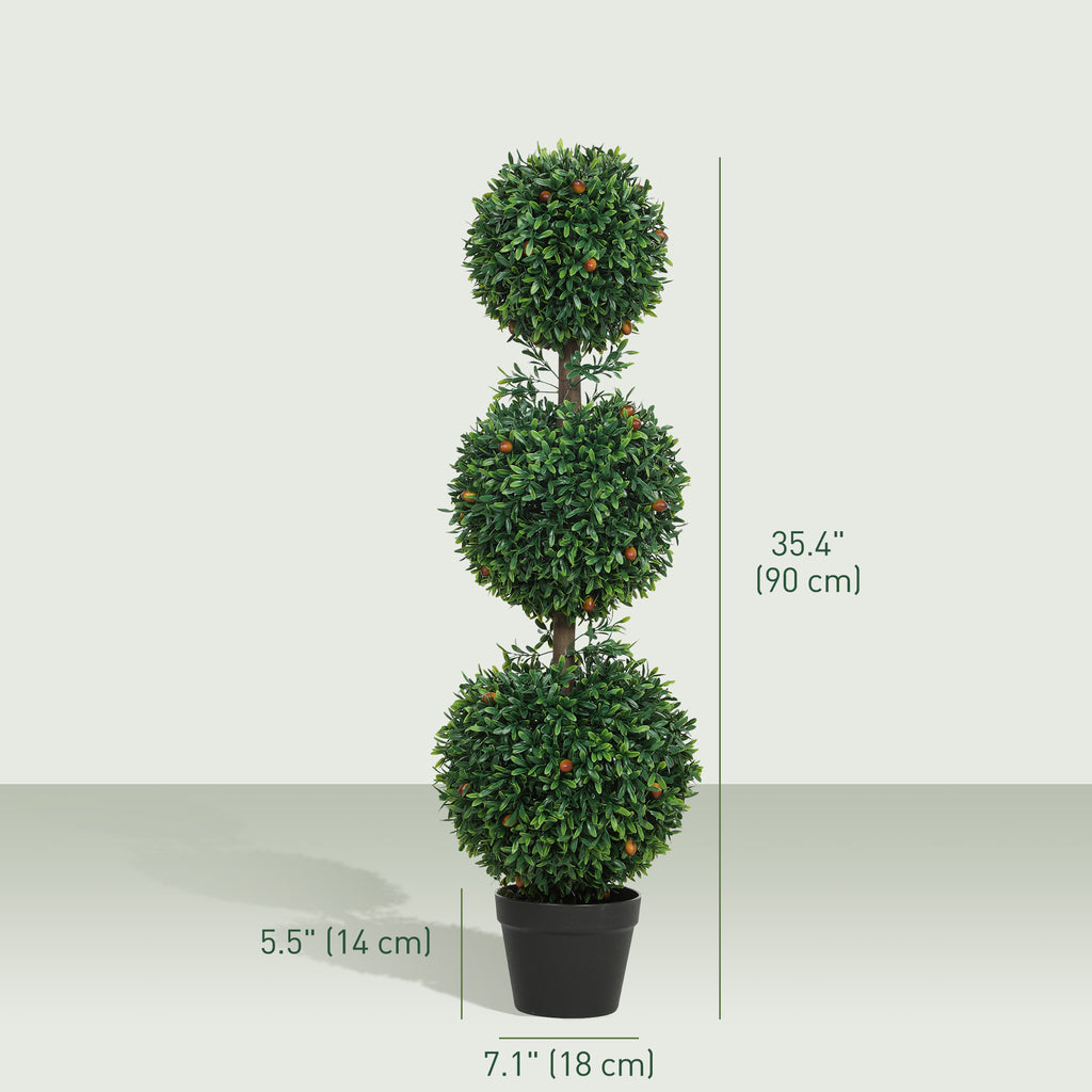 3.3FT Artificial Boxwood Topiary Tree Set of 2, Faux Three Ball Topiary Tree in Pot for Indoor Outdoor Decor, Green