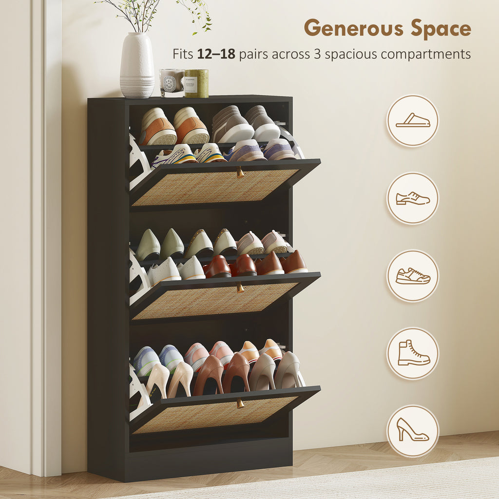 Rattan Shoe Storage Cabinet with 3 Flip Drawers and Adjustable Shelves, Entryway Shoe Cabinet for 18 Pairs, Black