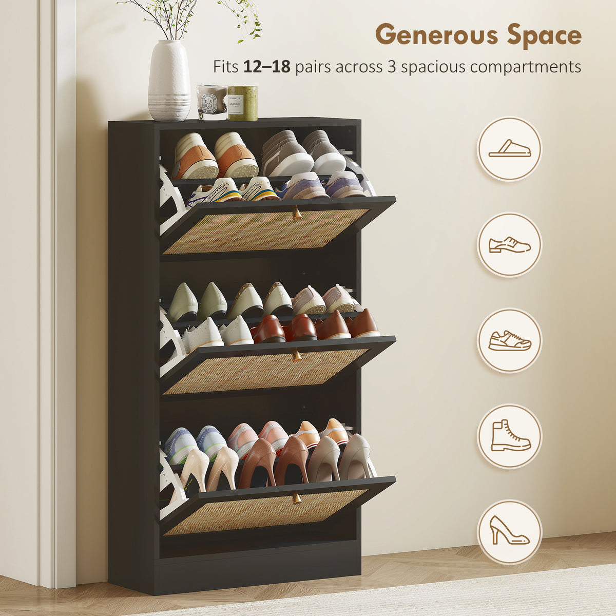 Rattan Shoe Storage Cabinet with 3 Flip Drawers and Adjustable Shelves, Entryway Shoe Cabinet for 18 Pairs, Black