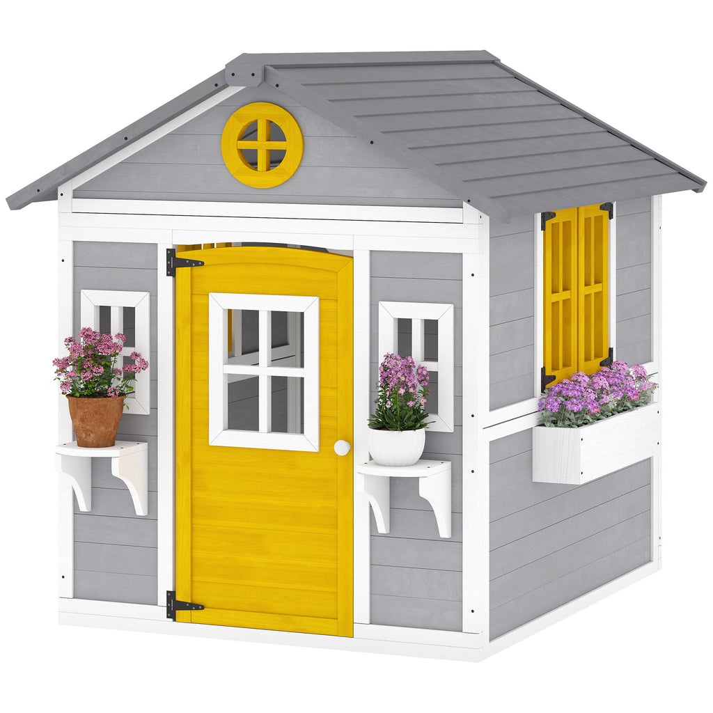 Wooden Playhouse for Kids Outdoor with Door, Windows, Planter Pots and Boxes for Toddlers 3-8 Years, Grey