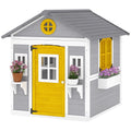 Wooden Playhouse for Kids Outdoor with Door, Windows, Planter Pots and Boxes for Toddlers 3-8 Years, Grey
