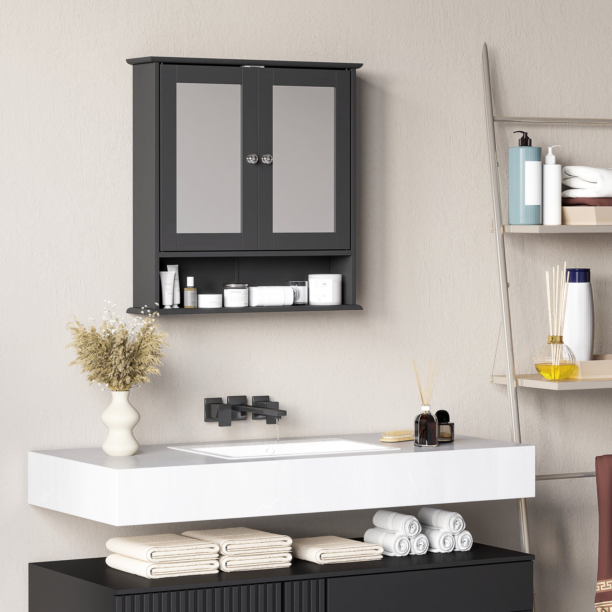 Medicine Cabinet, Wall-Mounted Bathroom Mirror Cabinet with Double Doors, Open Shelf, and Adjustable Shelf, Modern Bathroom Wall Cabinet, White