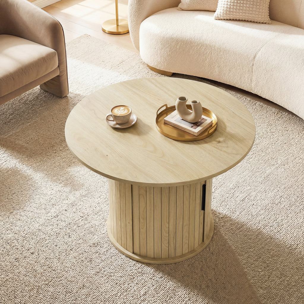 Round Coffee Table, 31.5" Center Table, Natural Wood