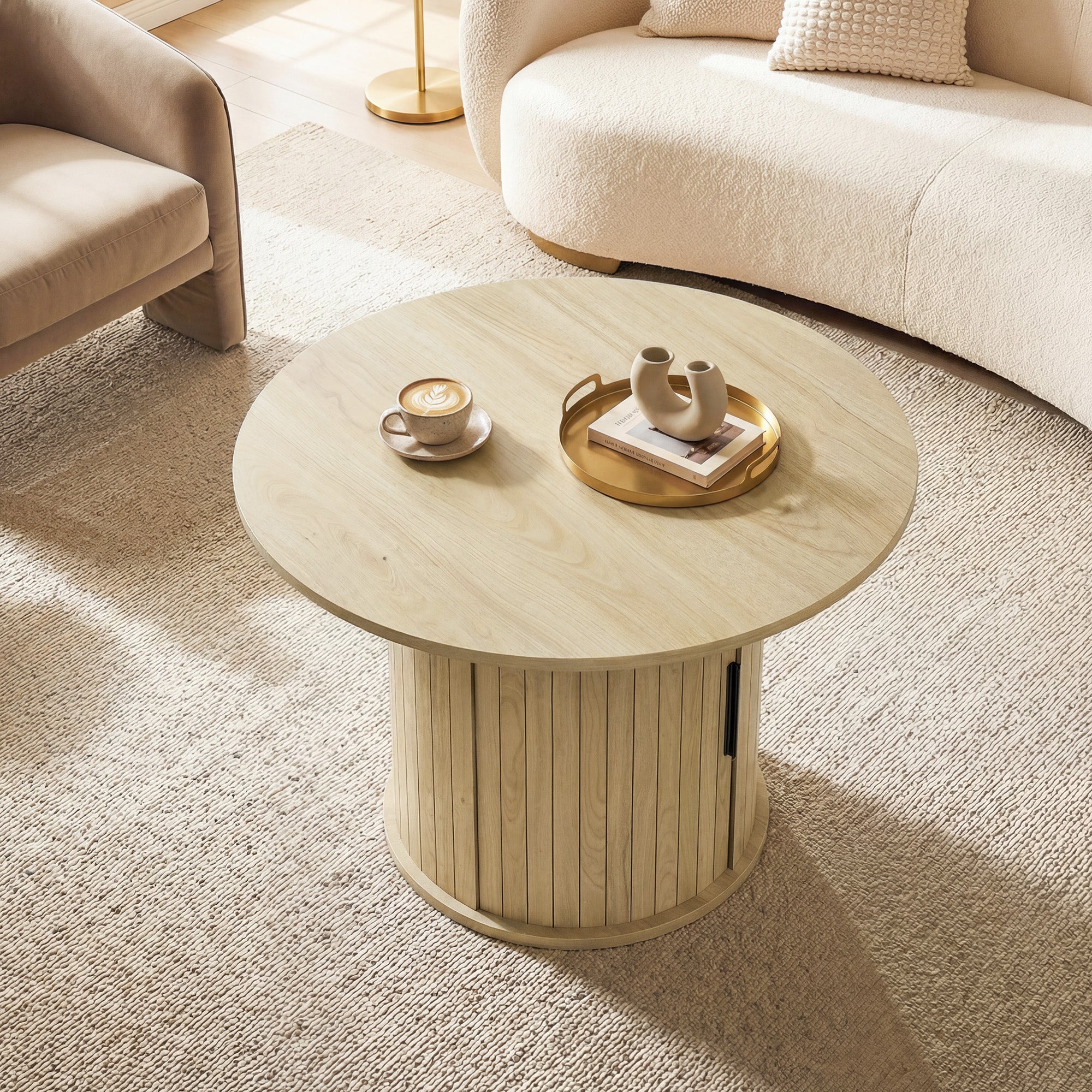 Round Coffee Table, 31.5" Center Table, Natural Wood