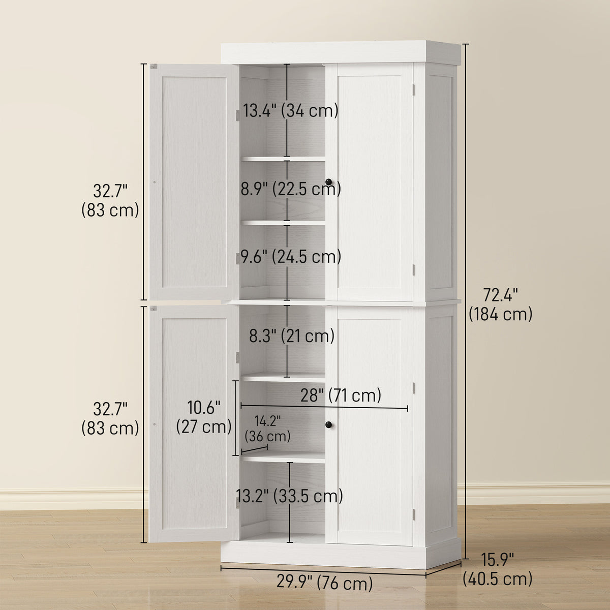 72.5" Freestanding Kitchen Pantry Cabinet with 4 Doors, Black