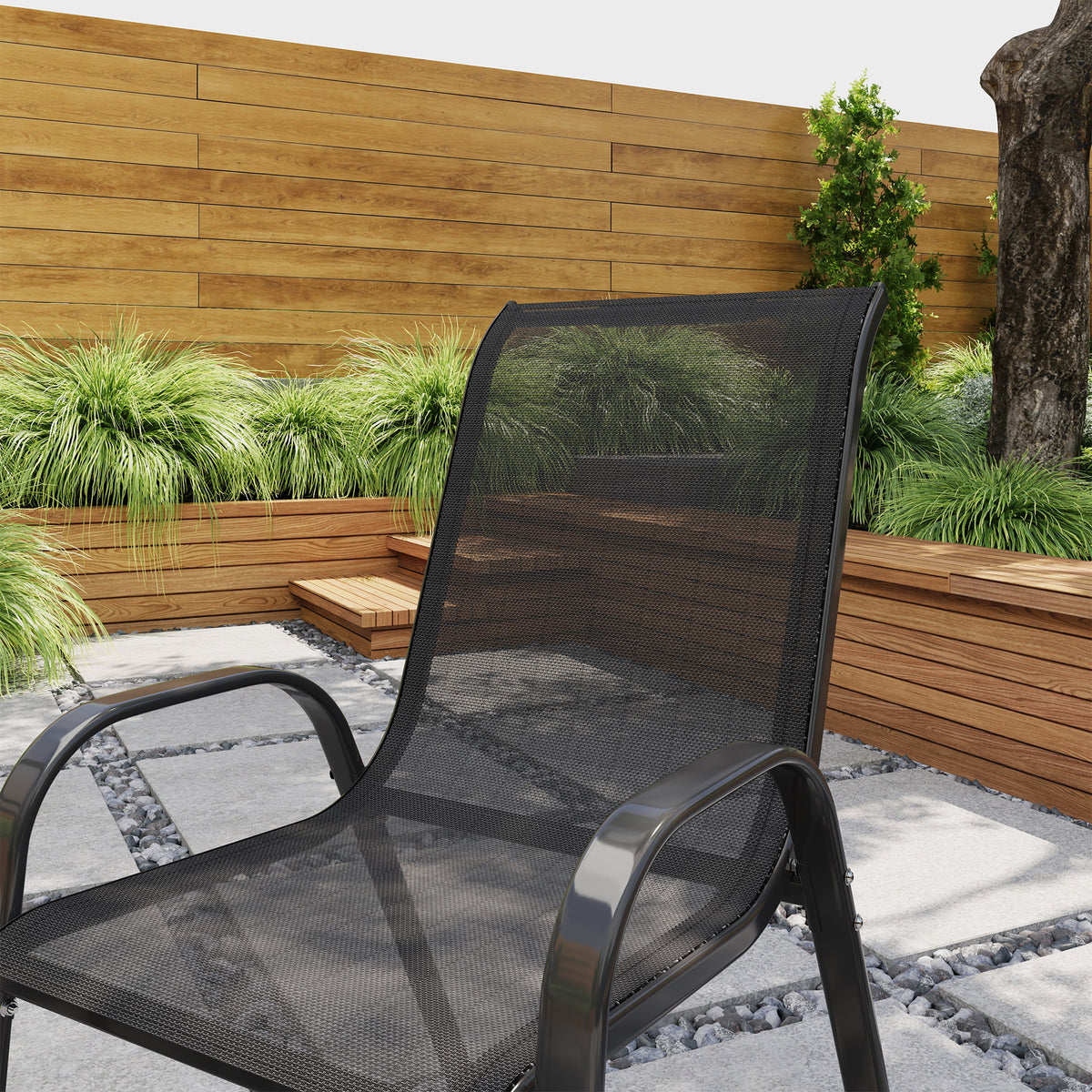 Set of 4 Outdoor Dining Chairs, Stackable Lawn Chairs with High Back, Breathable Mesh Seat for Garden Porch, Black