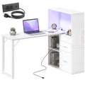 54" Computer Desk with Drawers, Home Office Desk with Storage, Power Outlets and LED Lights, White