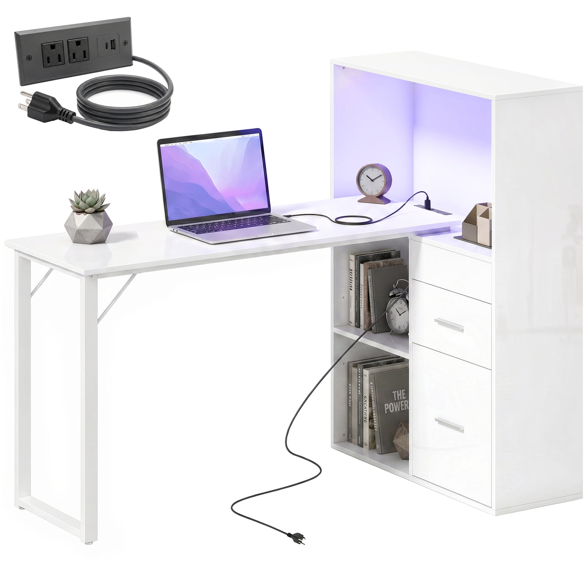 54" Computer Desk with Drawers, Home Office Desk with Storage, Power Outlets and LED Lights, White