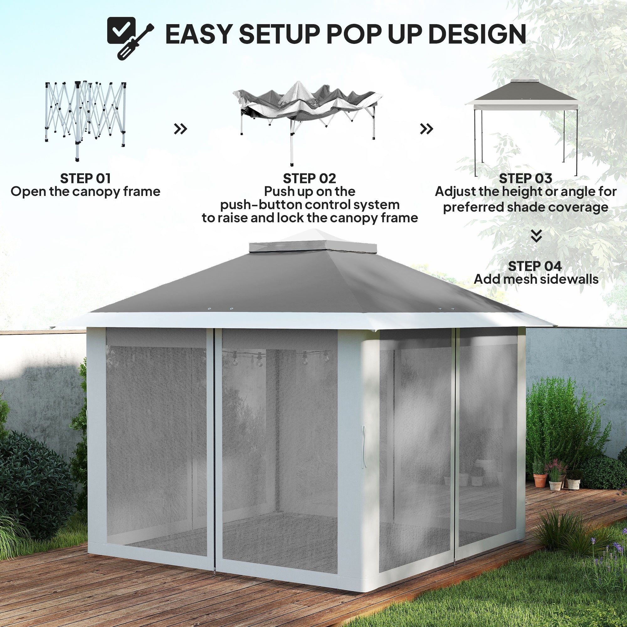 11' x 11' ፖፕ ኣፕ ጋዜቦ፣ ድርብ ጣሪያ ተሰንቂ ቁመት ተቐያያሪ ካኖፒ ቴንት ምስ መሽ ሳይድዎልስ፣ ካሪንግ ባግ፣ ጸሊም ግራጫ