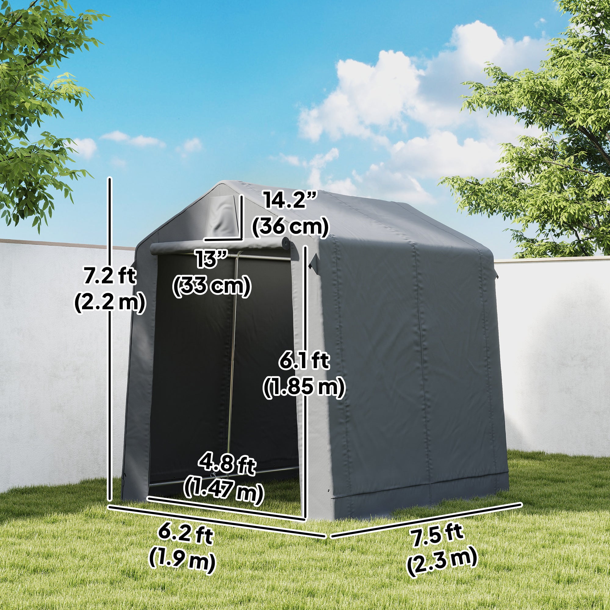 مخزن محمول مقاس 6' × 4'، خيمة دراجات مقاومة للماء مع باب ملفوف بسحاب، فتحة تهوية وإطار معدني مجلفن، رمادي داكن