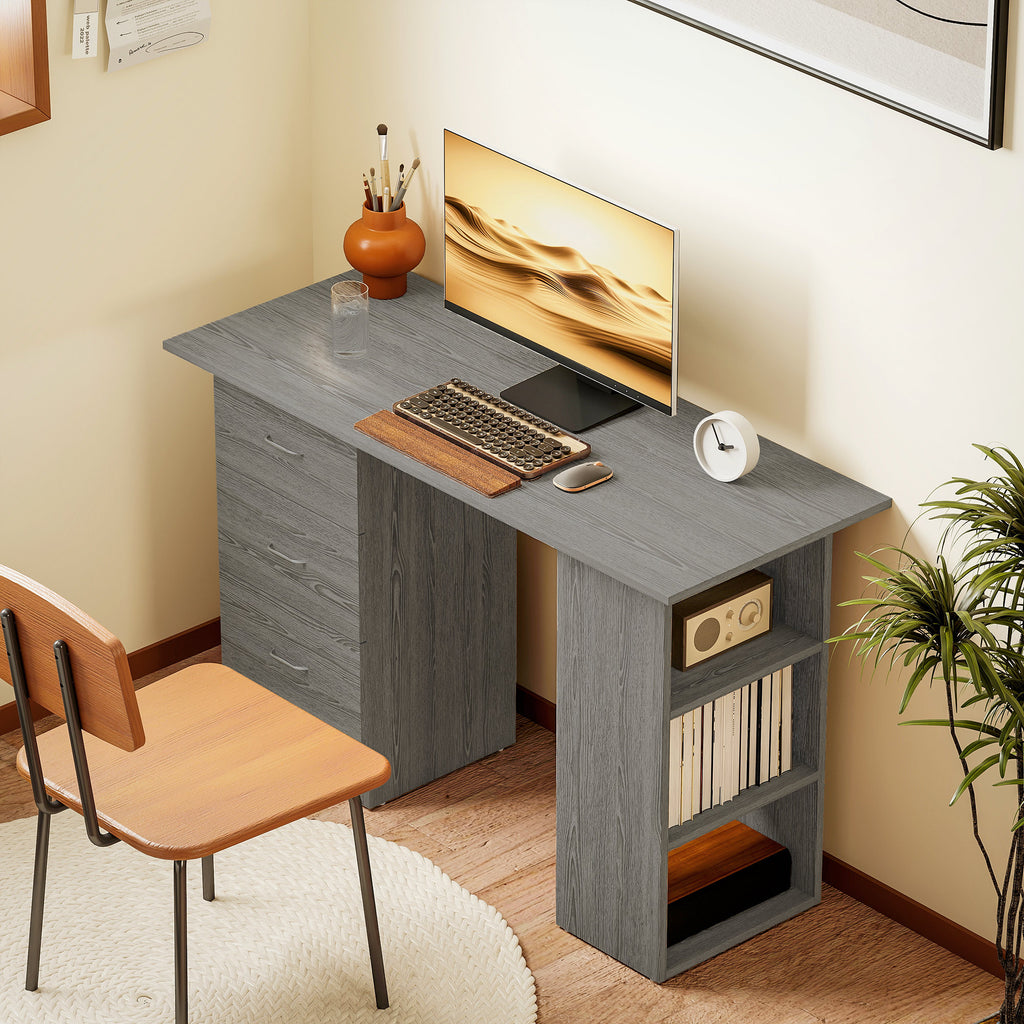 Computer Desk, 47" Writing Table with 3-Tier Shelves and 3 Reversible Drawers for Home Office, Bedroom, White