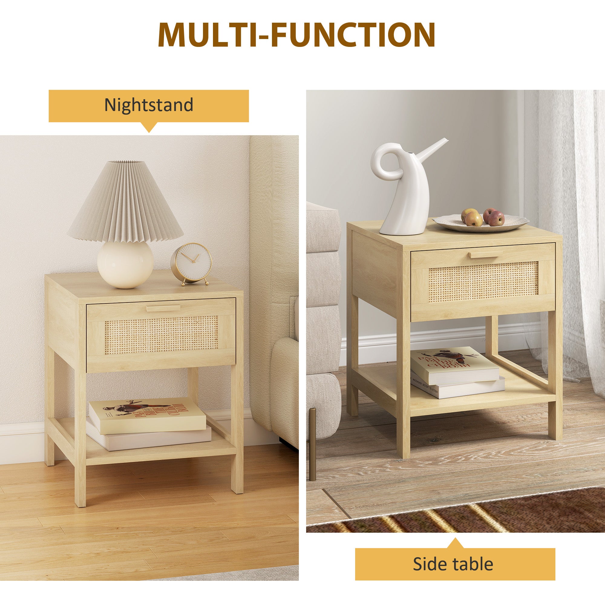 Narrow Nightstand with Rattan Elements, Bedside Table with Drawer and Storage Shelf for Bedroom, Set of 2, Natural Wood