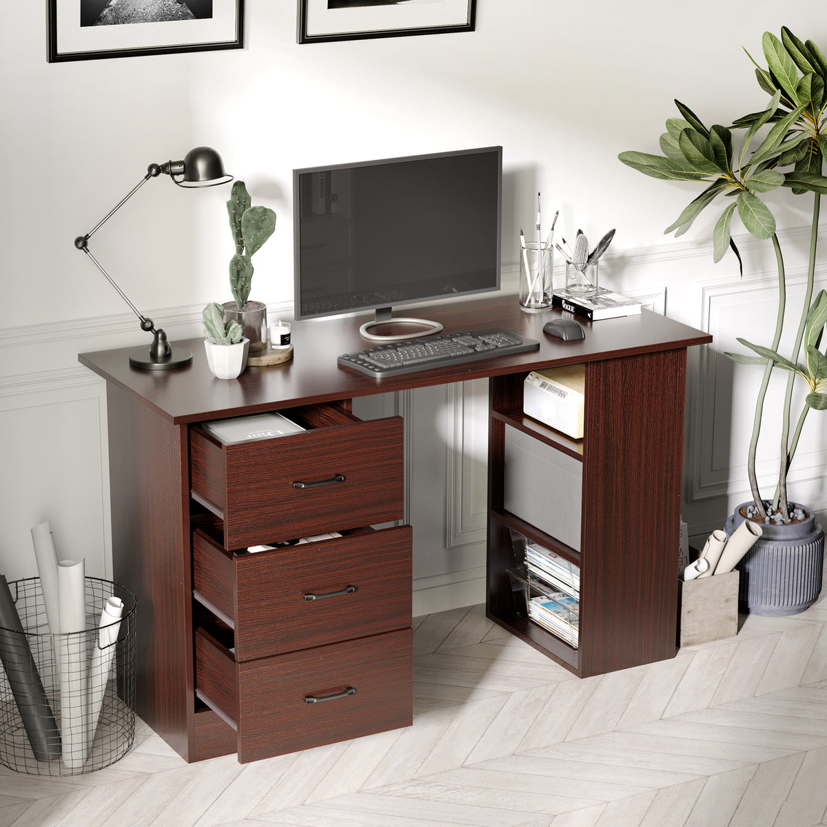 Computer Desk, 47" Writing Table with 3-Tier Shelves and 3 Reversible Drawers for Home Office, Bedroom, White