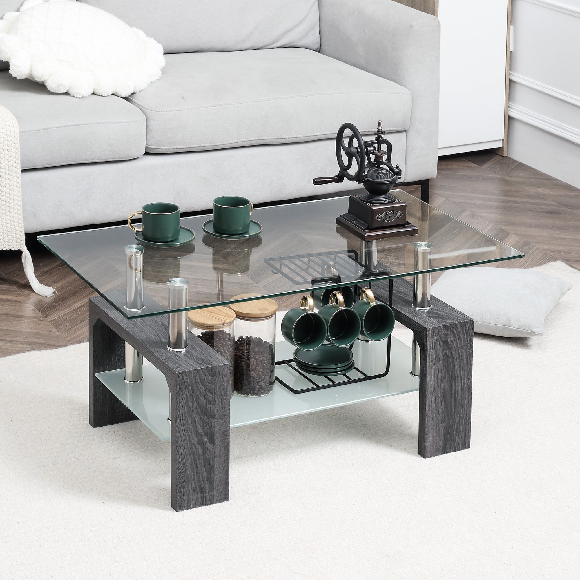 Rectangle Glass Coffee Table, 2-Tier Center Table with Tempered Glass Top and Storage Shelf for Living Room, Grey
