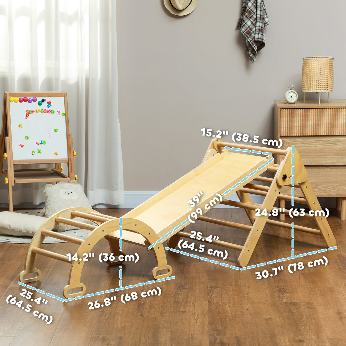 Qaba 5 in 1 Pikler Triangle Set with Ladder, Ramp, Arch, for 18-48 months, Nature Wood