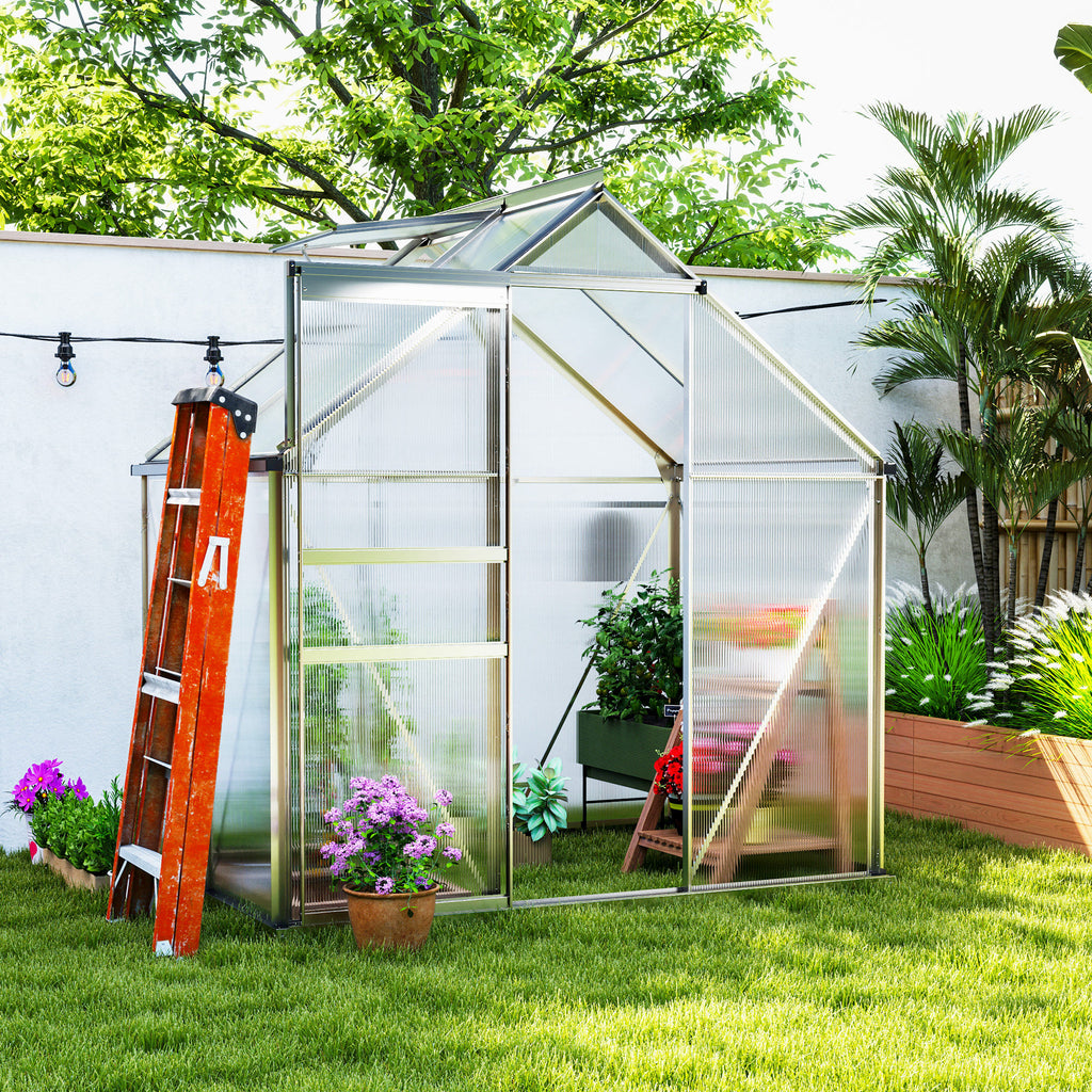 6' x 12' x 6.5' Walk-in Greenhouse, Polycarbonate Greenhouse with Adjustable Roof Vent, Base, Sliding Door, Clear