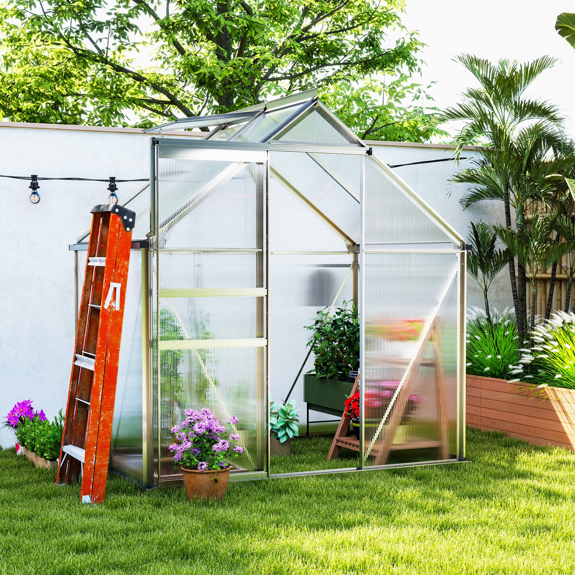 6' x 12' x 6.5' Walk-in Greenhouse, Polycarbonate Greenhouse with Adjustable Roof Vent, Base, Sliding Door, Clear