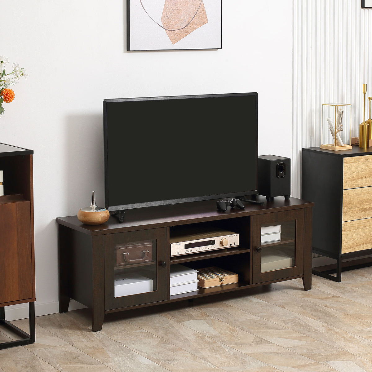 Fireplace TV Stand for TVs up to 60 inches, Wood TV Cabinet w/ Storage Doors or Living Room, Office, Coffee