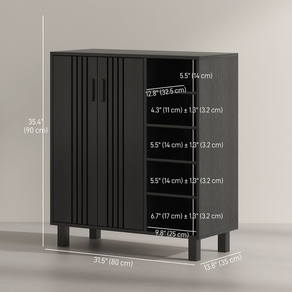 Shoe Storage with Double Doors and Open Shelves 17 Pair Shoe Storage Organizer for Entryway Hallway Walnut