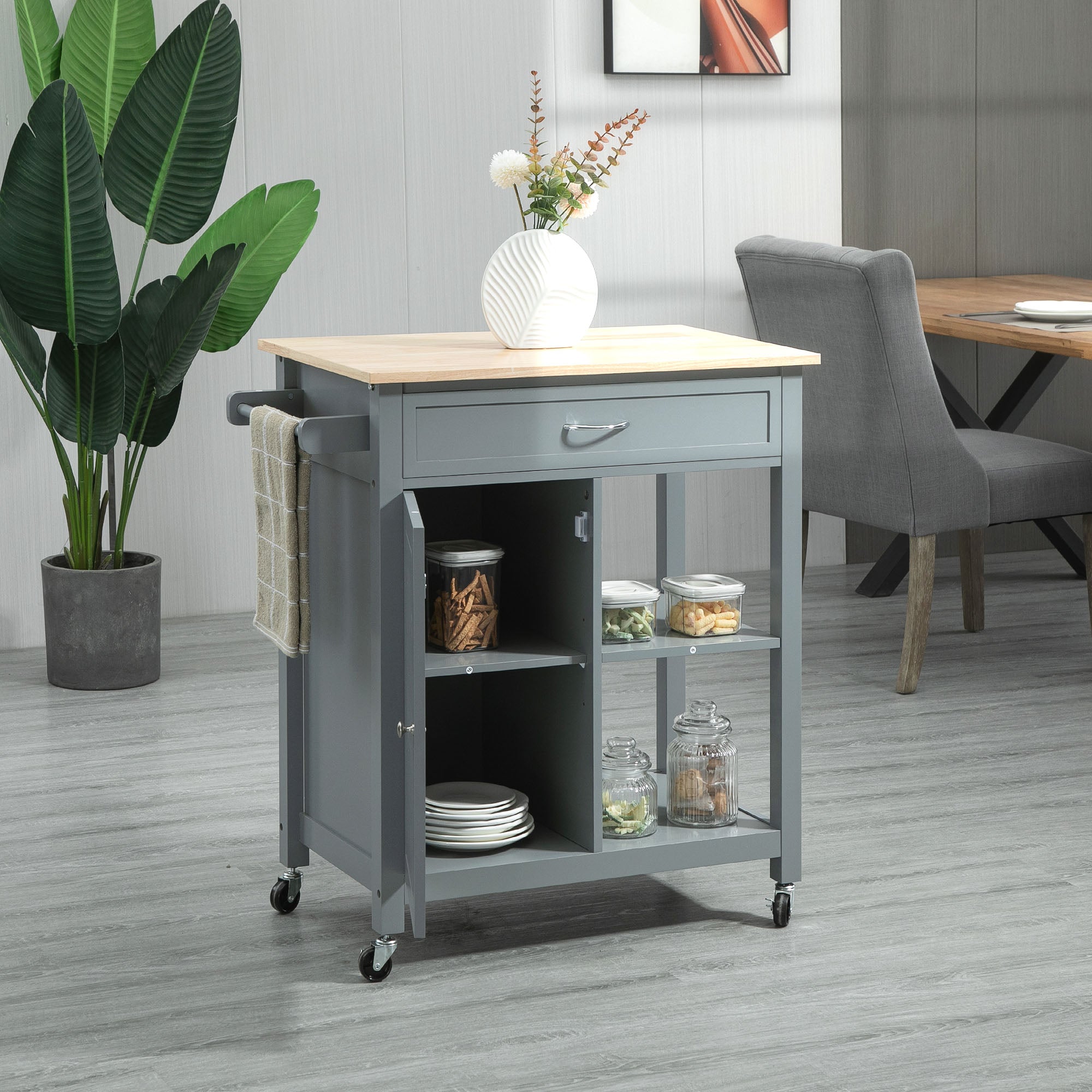 Rolling Kitchen Cart with Wood Top and Drawer, Kitchen Island on Wheels for Dining Room, Grey