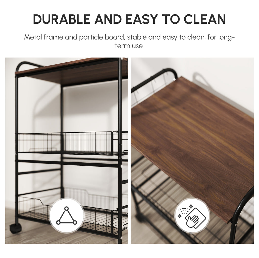 Rolling Kitchen Cart, 3-Tier Utility Storage Cart with 2 Basket Drawers & Side Hooks, Lockable Casters for Dining Room