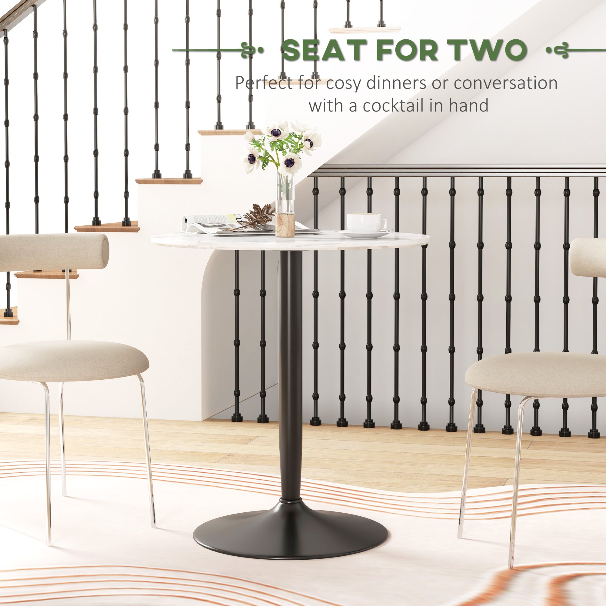 Modern Kitchen Table for 2 People, Round Dining Table with Steel Base for Living Room, Dining Room, White Marble