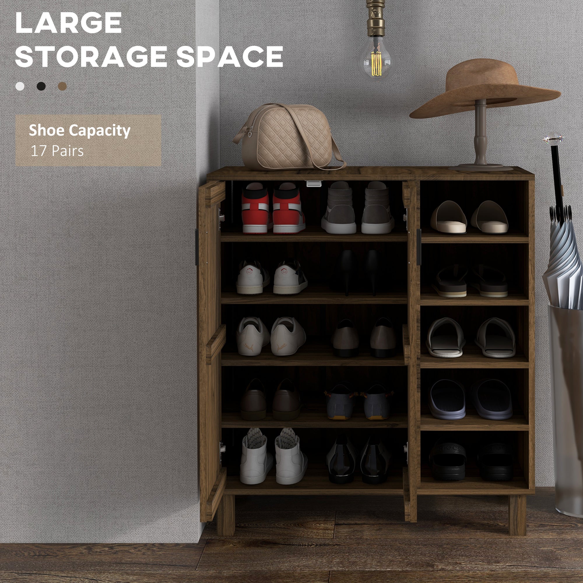 Shoe Storage with Double Doors and Open Shelves 17 Pair Shoe Storage Organizer for Entryway Hallway Walnut