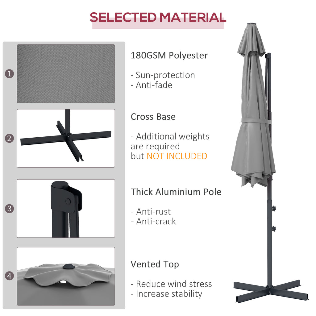 10 FT Cantilever Umbrella, Aluminum Hanging Offset Umbrella with 360°Rotation, Crank, Tilt, Cross Base, Grey