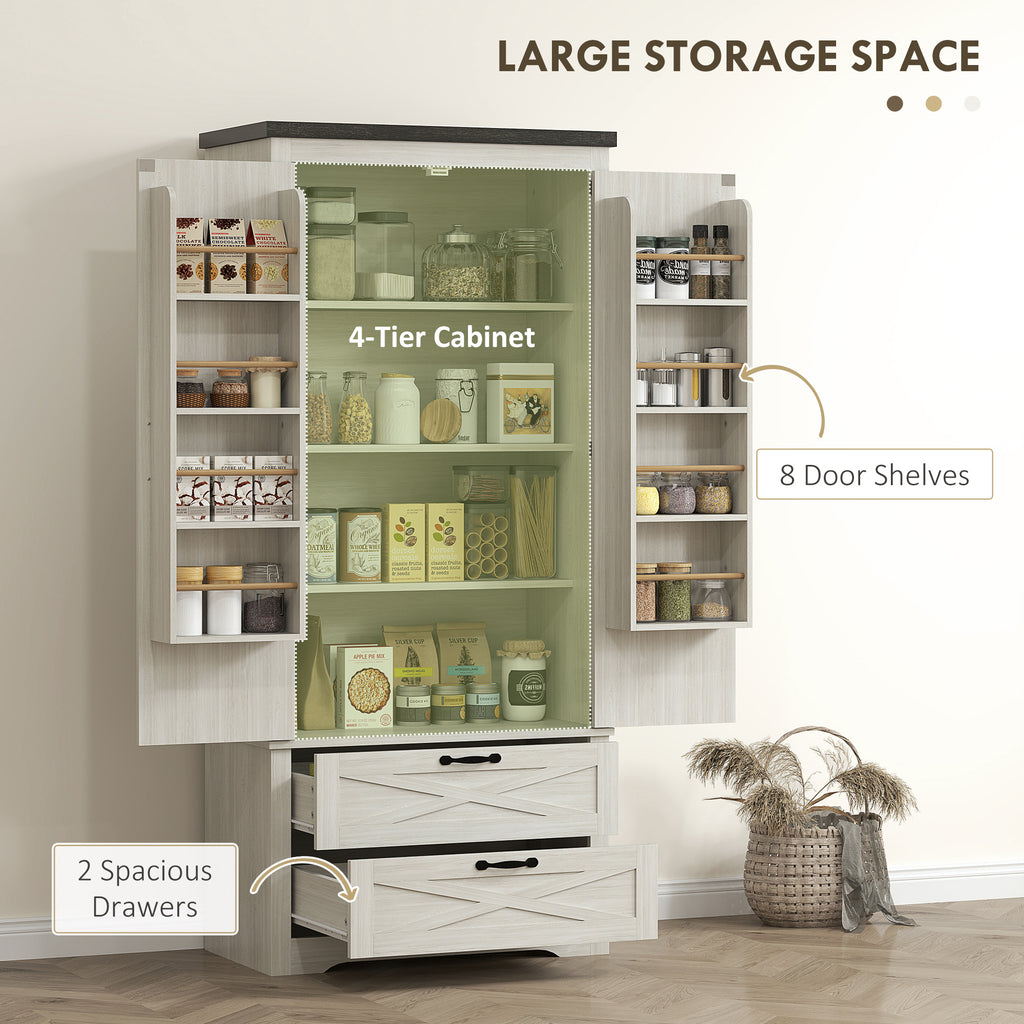 Farmhouse Kitchen Pantry Storage Cabinet, 64" Freestanding Kitchen Pantry Cabinet with Drawers, Distressed White